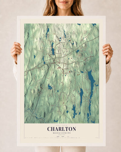 Charlton, Massachusetts map print - 24 x 36 white Ayous wood frame