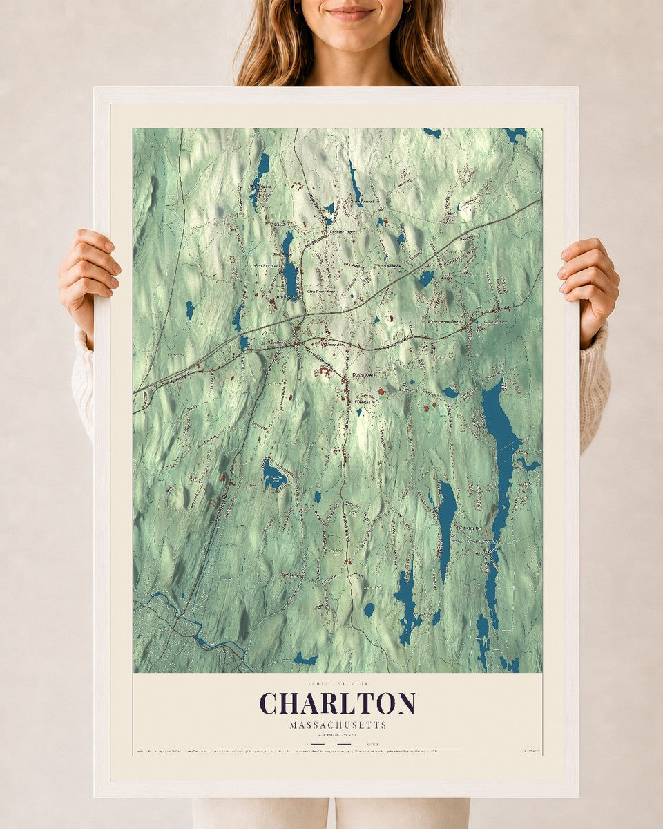 Charlton, Massachusetts map print - 24 x 36 white Ayous wood frame