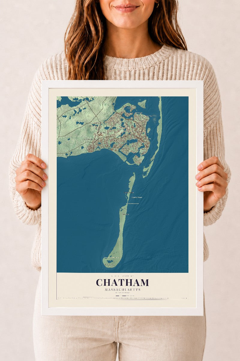 Chatham, Massachusetts map print - 12 x 18 white Ayous wood frame