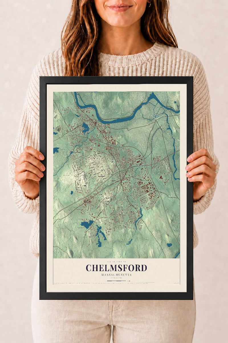Chelmsford, Massachusetts map print - 12 x 18 black Ayous wood frame