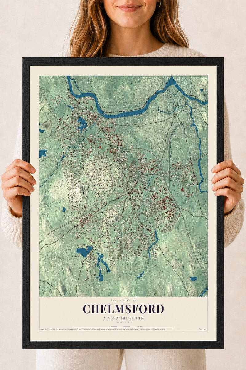 Chelmsford, Massachusetts map print - 18 x 24 black Ayous wood frame
