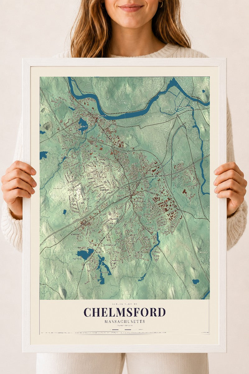 Chelmsford, Massachusetts map print - 18 x 24 white Ayous wood frame