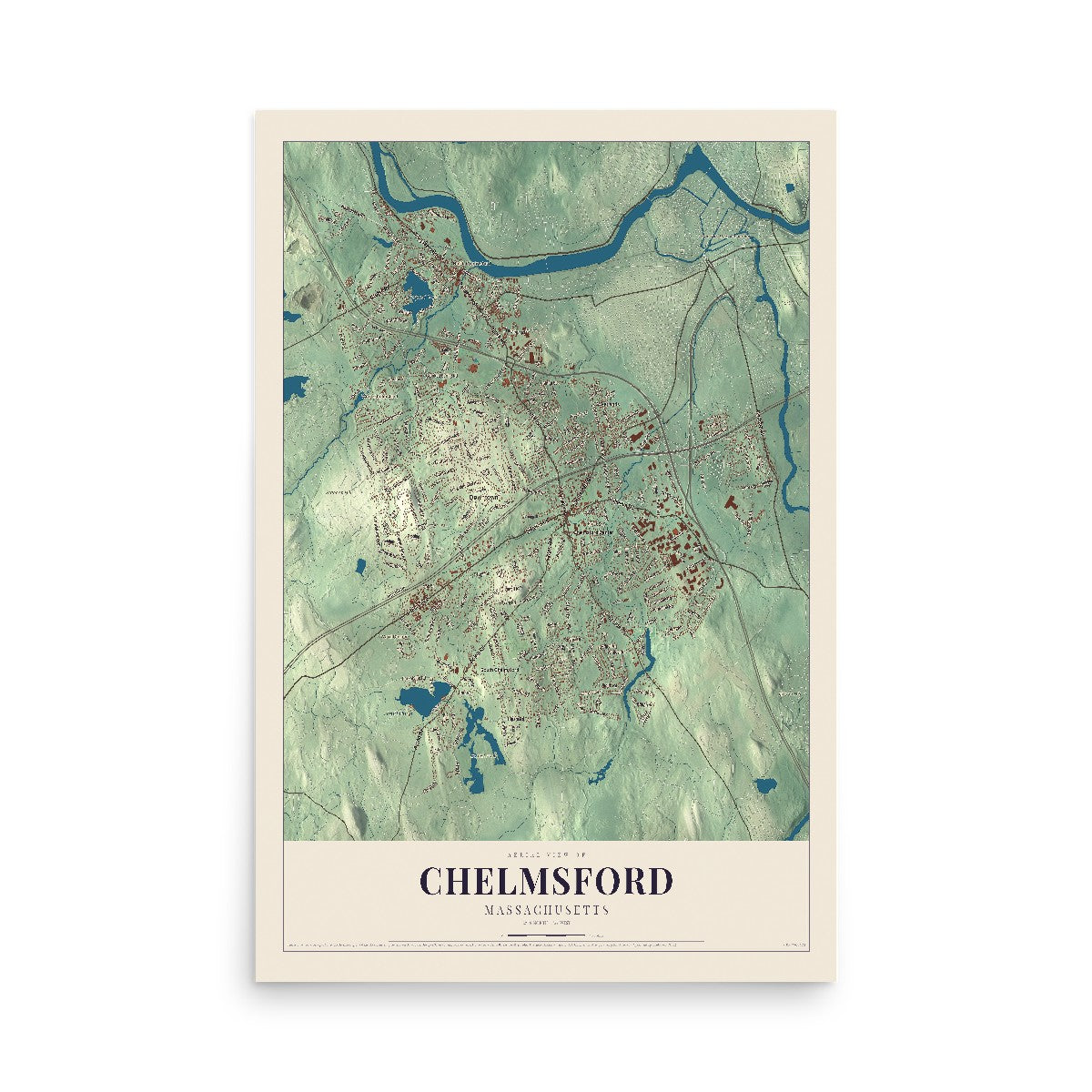 Map of Chelmsford, Massachusetts, 12 x 18 inch unframed archival matte print