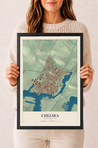 Chelsea, Massachusetts map print - 12 x 18 black Ayous wood frame