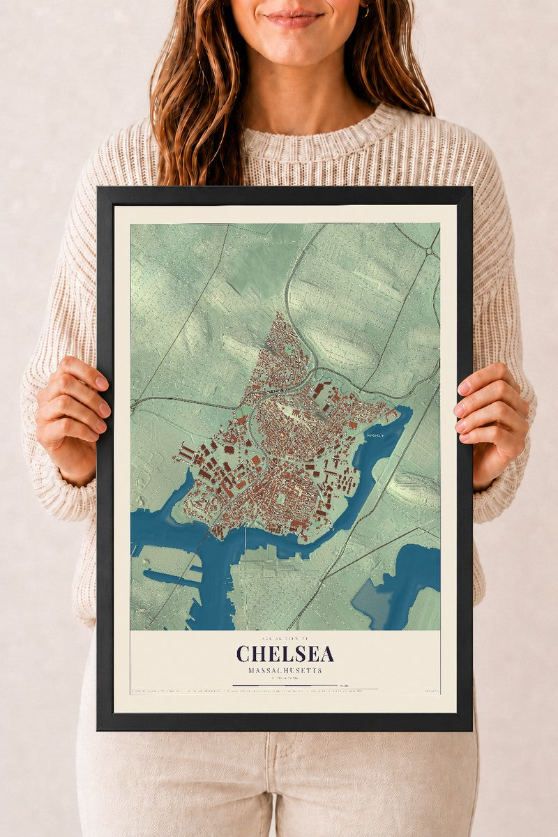 Chelsea, Massachusetts map print - 12 x 18 black Ayous wood frame