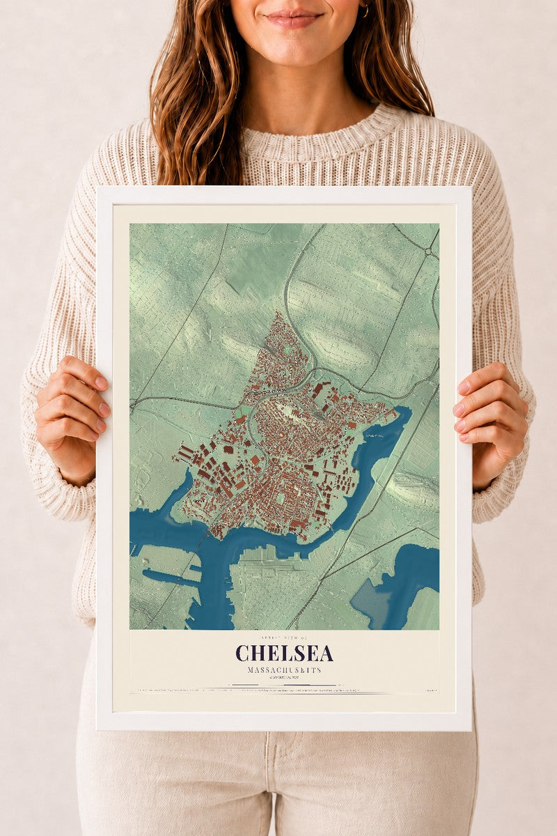 Chelsea, Massachusetts map print - 12 x 18 white Ayous wood frame