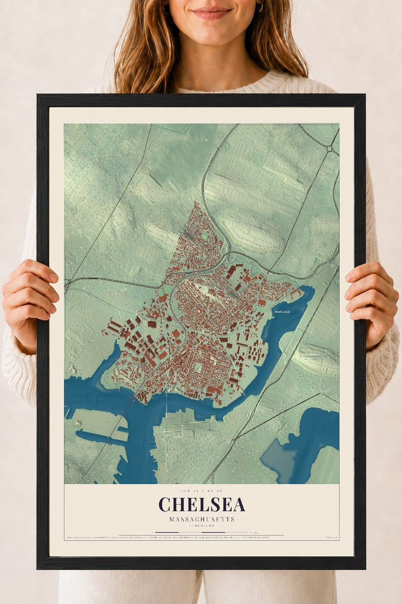 Chelsea, Massachusetts map print - 18 x 24 black Ayous wood frame