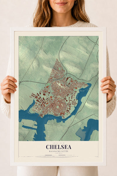 Chelsea, Massachusetts map print - 18 x 24 white Ayous wood frame