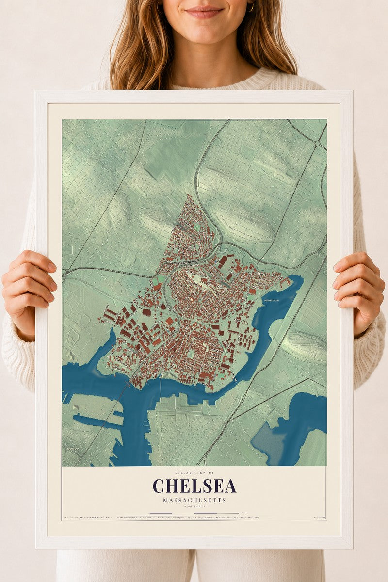 Chelsea, Massachusetts map print - 18 x 24 white Ayous wood frame