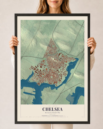 Chelsea, Massachusetts map print - 24 x 36 black Ayous wood frame