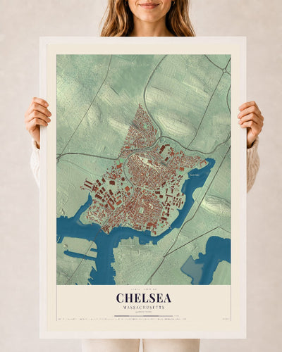 Chelsea, Massachusetts map print - 24 x 36 white Ayous wood frame