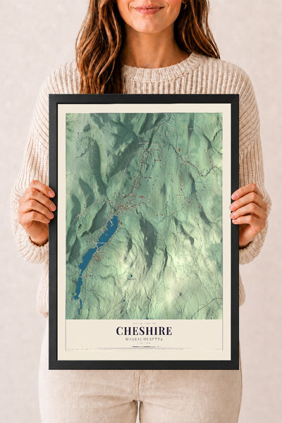 Cheshire, Massachusetts map print - 12 x 18 black Ayous wood frame