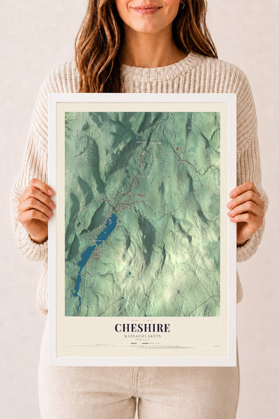 Cheshire, Massachusetts map print - 12 x 18 white Ayous wood frame