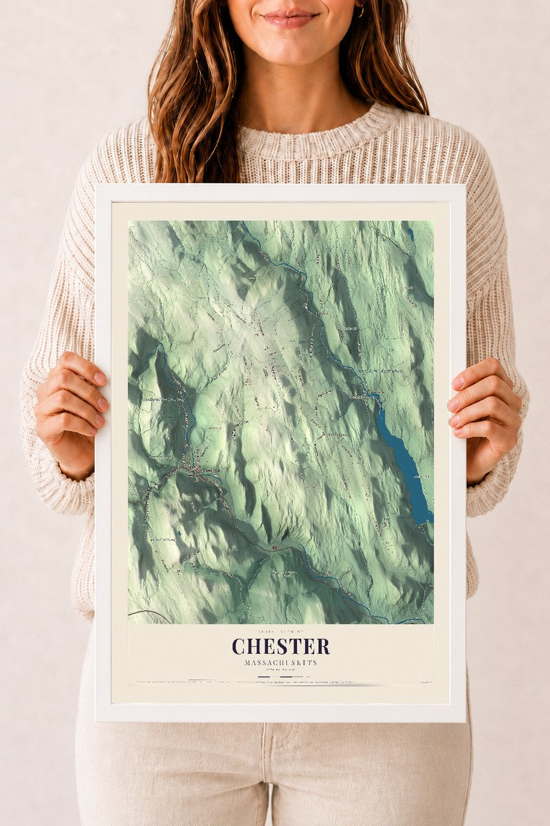 Chester, Massachusetts map print - 12 x 18 white Ayous wood frame