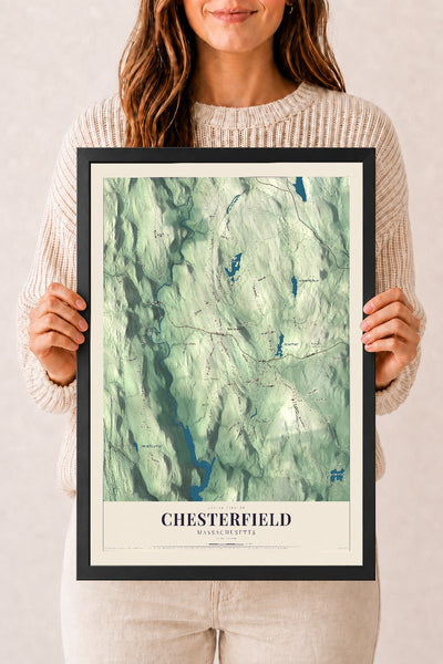 Chesterfield, Massachusetts map print - 12 x 18 black Ayous wood frame