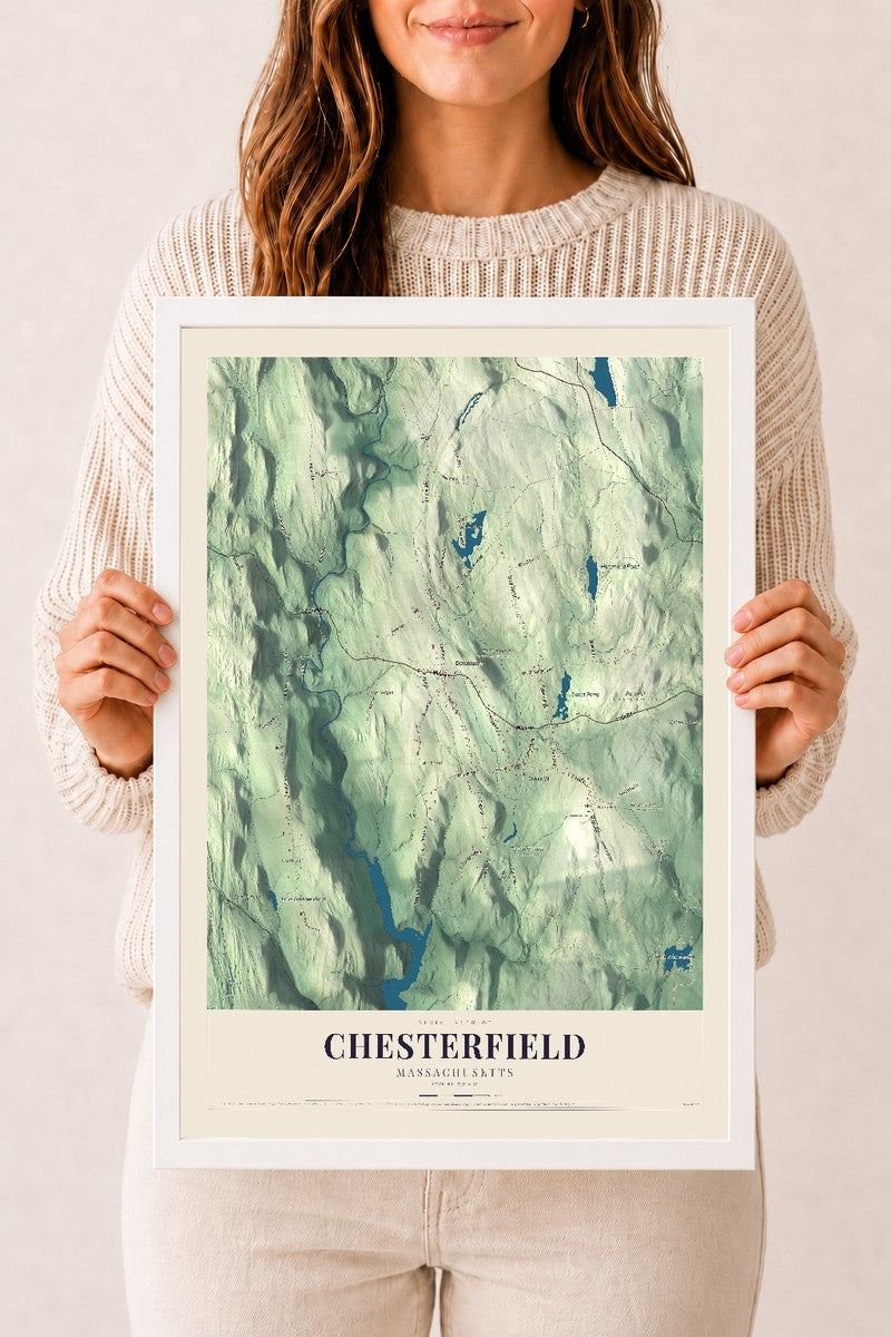 Chesterfield, Massachusetts map print - 12 x 18 white Ayous wood frame