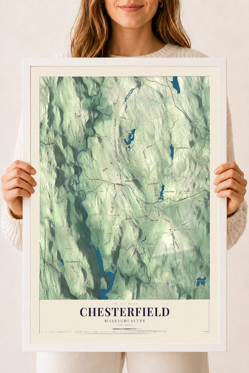 Chesterfield, Massachusetts map print - 18 x 24 white Ayous wood frame