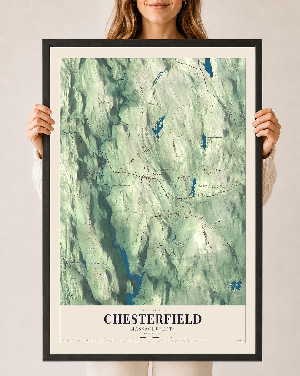 Chesterfield, Massachusetts map print - 24 x 36 black Ayous wood frame