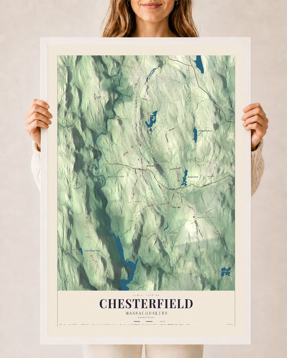 Chesterfield, Massachusetts map print - 24 x 36 white Ayous wood frame