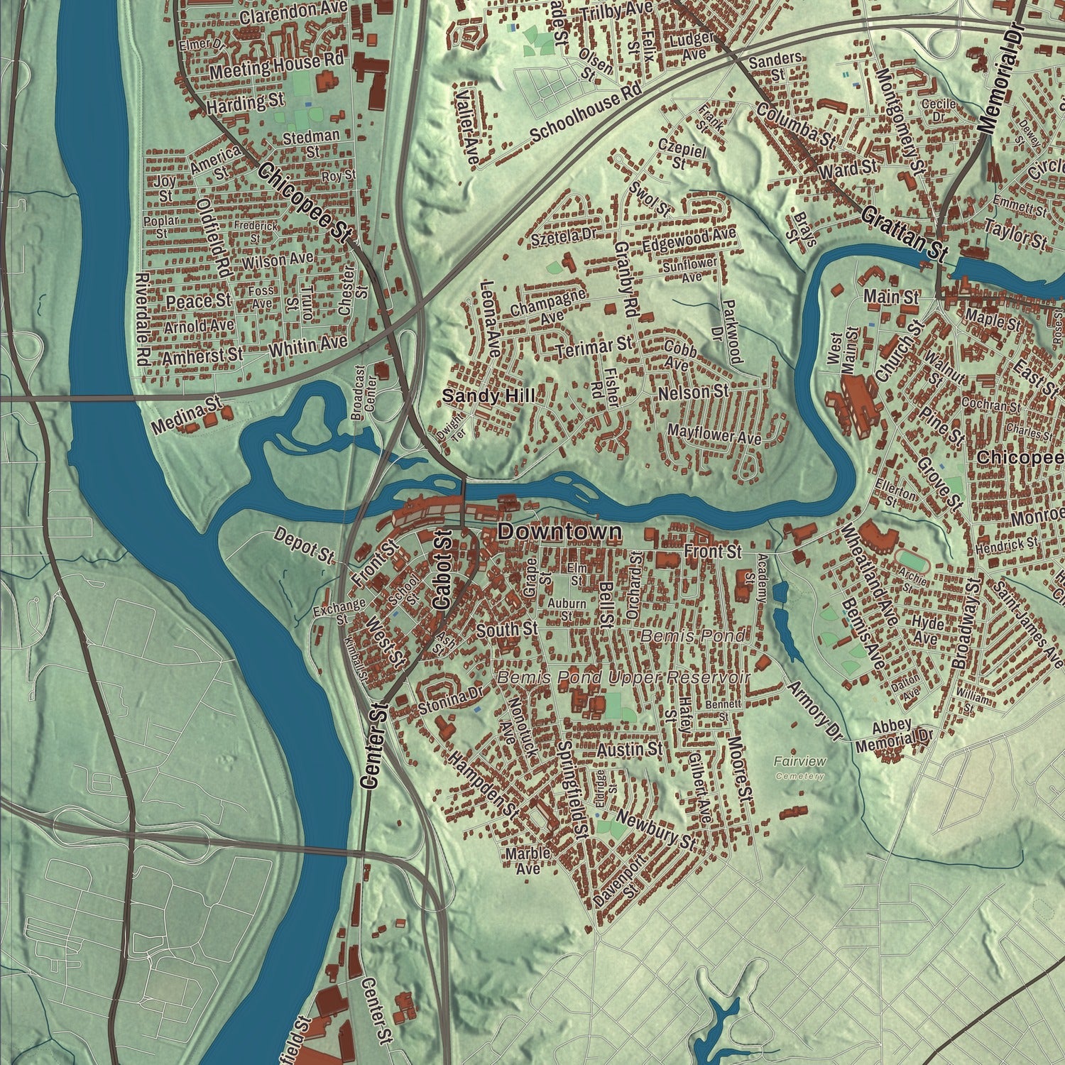 Street and neighborhood detail from the Chicopee, Massachusetts map