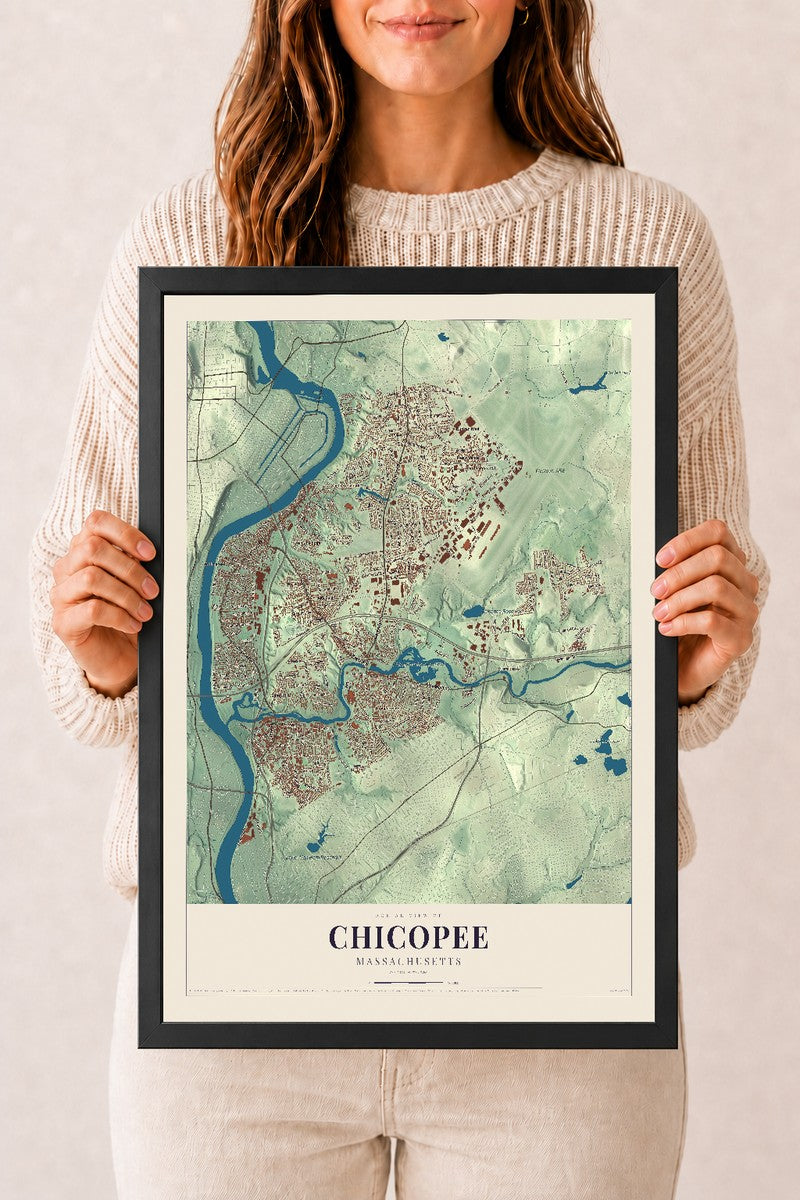 Chicopee, Massachusetts map print - 12 x 18 black Ayous wood frame