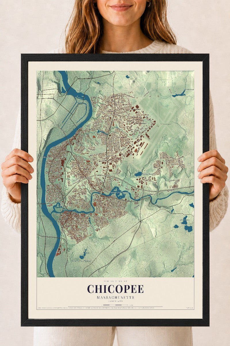 Chicopee, Massachusetts map print - 18 x 24 black Ayous wood frame
