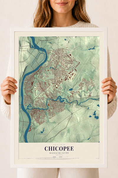 Chicopee, Massachusetts map print - 18 x 24 white Ayous wood frame