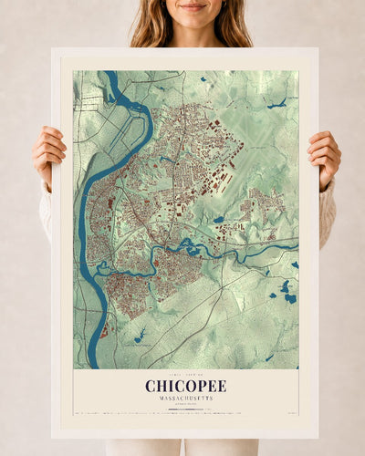 Chicopee, Massachusetts map print - 24 x 36 white Ayous wood frame