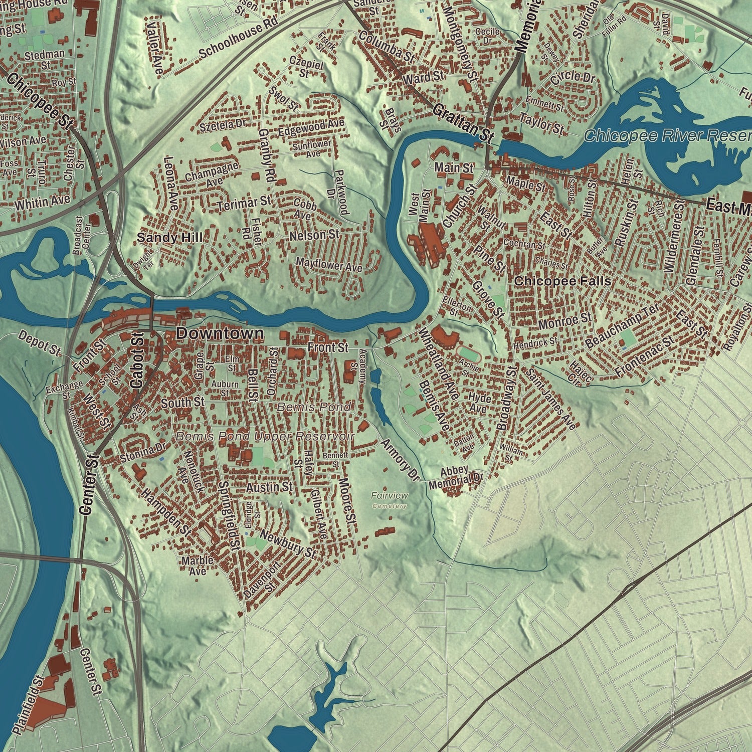 Terrain and local geography detail from the Chicopee, Massachusetts map