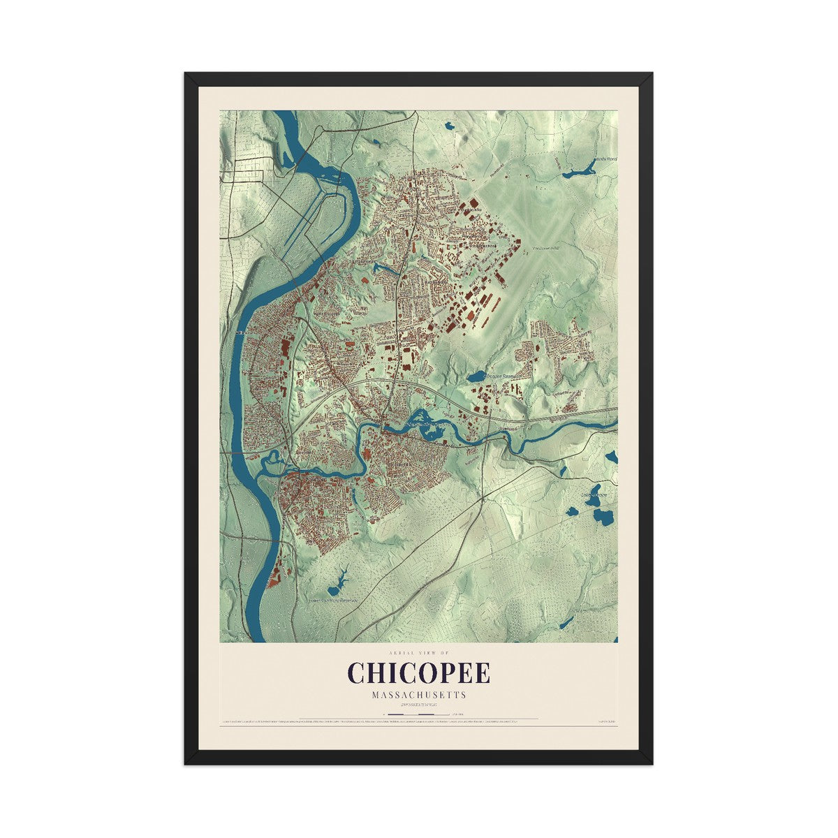Map of Chicopee, Massachusetts, 12 x 18 inch print in a black wood frame