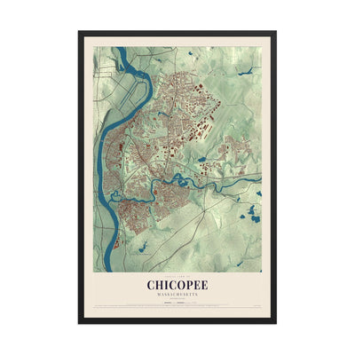 Map of Chicopee, Massachusetts, 12 x 18 inch print in a black wood frame