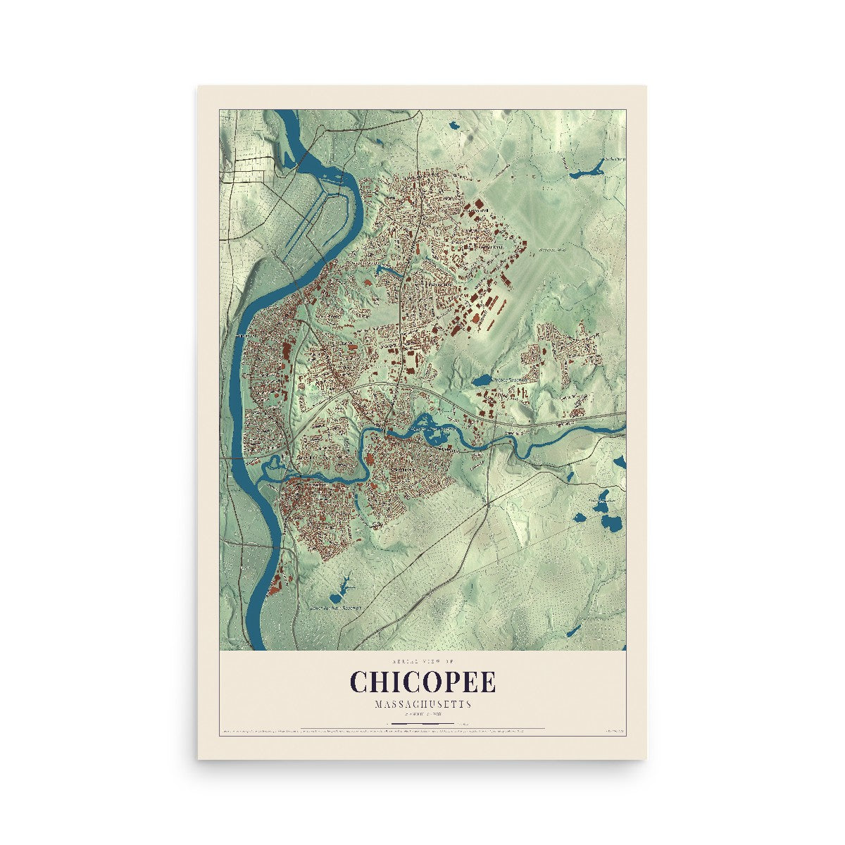 Map of Chicopee, Massachusetts, 12 x 18 inch unframed archival matte print