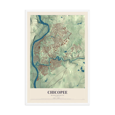 Map of Chicopee, Massachusetts, 12 x 18 inch print in a white wood frame