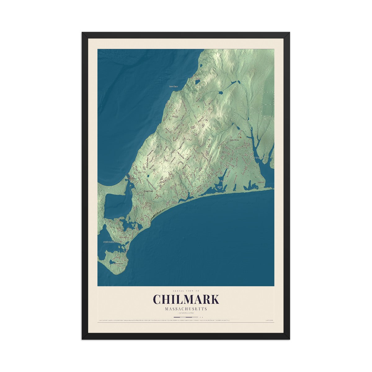 Map of Chilmark, Massachusetts, 12 x 18 inch print in a black wood frame