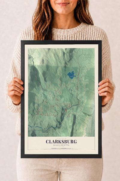 Clarksburg, Massachusetts map print - 12 x 18 black Ayous wood frame