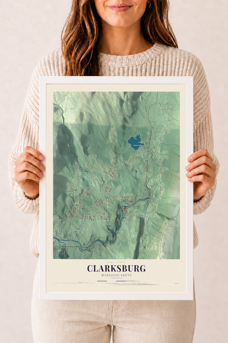 Clarksburg, Massachusetts map print - 12 x 18 white Ayous wood frame