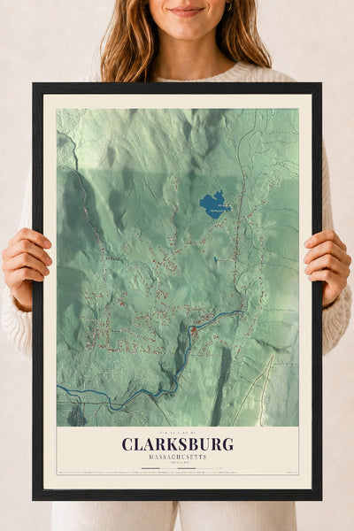 Clarksburg, Massachusetts map print - 18 x 24 black Ayous wood frame