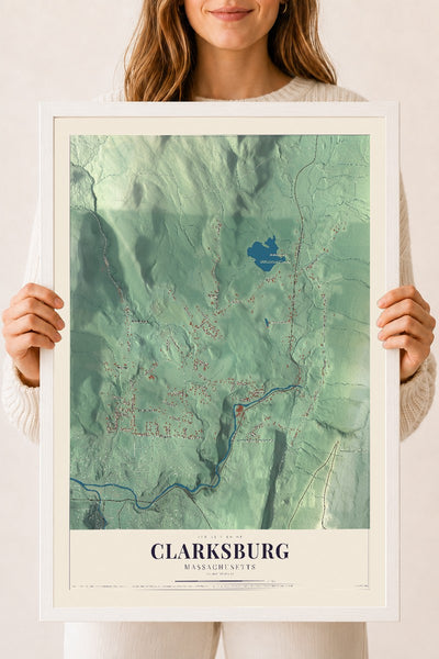 Clarksburg, Massachusetts map print - 18 x 24 white Ayous wood frame