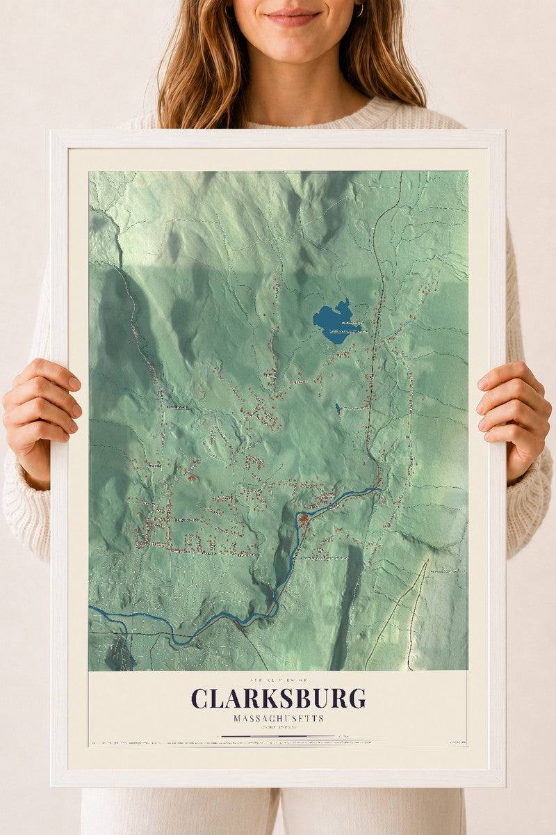 Clarksburg, Massachusetts map print - 18 x 24 white Ayous wood frame