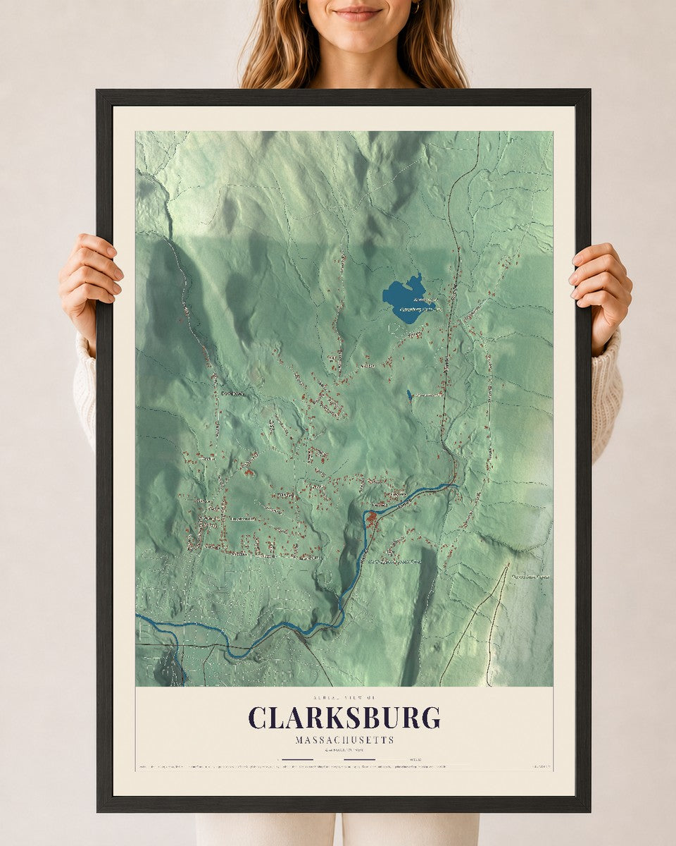 Clarksburg, Massachusetts map print - 24 x 36 black Ayous wood frame