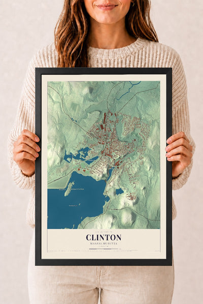Clinton, Massachusetts map print - 12 x 18 black Ayous wood frame