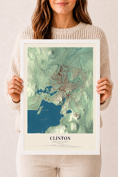 Clinton, Massachusetts map print - 12 x 18 white Ayous wood frame