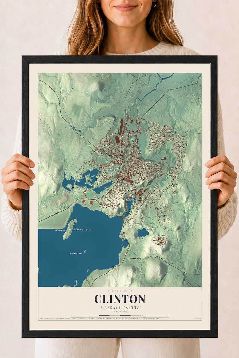 Clinton, Massachusetts map print - 18 x 24 black Ayous wood frame