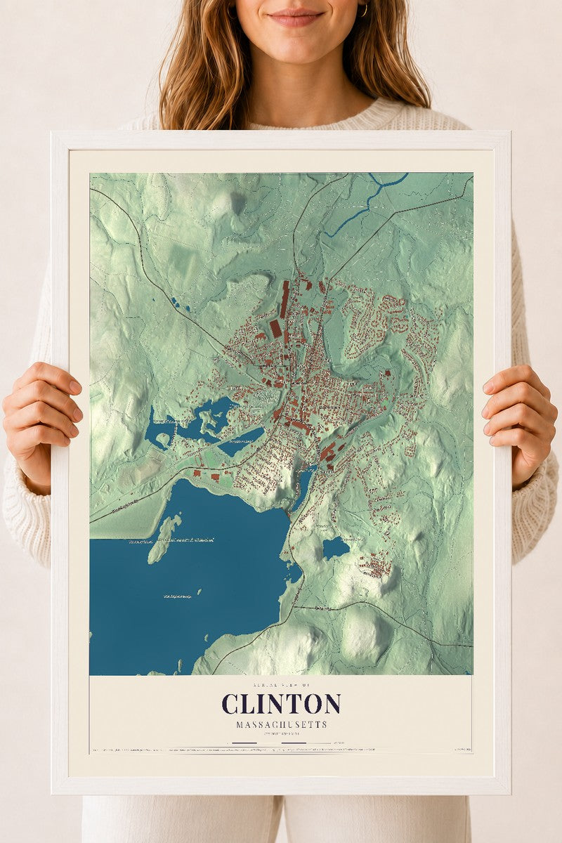 Clinton, Massachusetts map print - 18 x 24 white Ayous wood frame