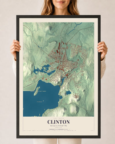 Clinton, Massachusetts map print - 24 x 36 black Ayous wood frame