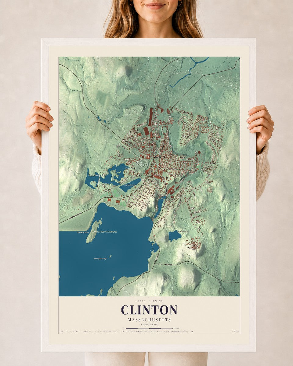 Clinton, Massachusetts map print - 24 x 36 white Ayous wood frame