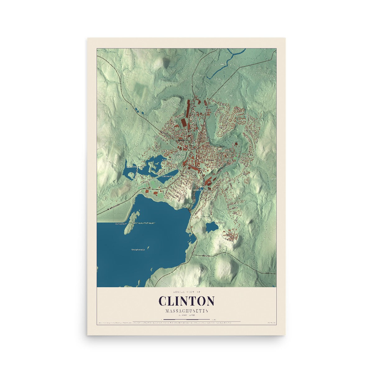 Map of Clinton, Massachusetts, 12 x 18 inch unframed archival matte print