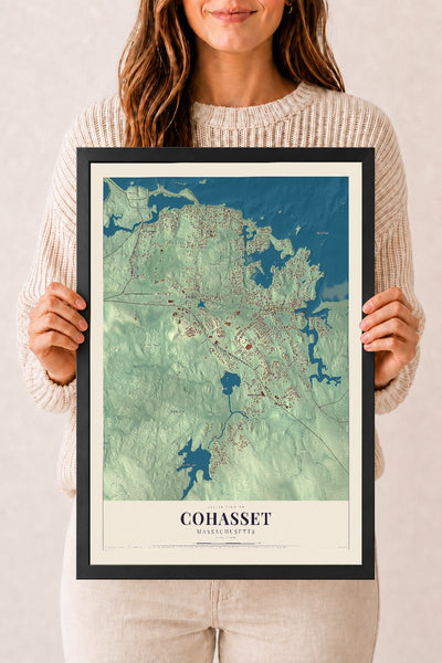 Cohasset, Massachusetts map print - 12 x 18 black Ayous wood frame