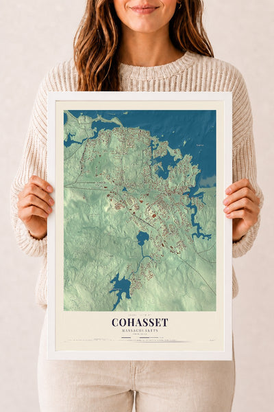 Cohasset, Massachusetts map print - 12 x 18 white Ayous wood frame