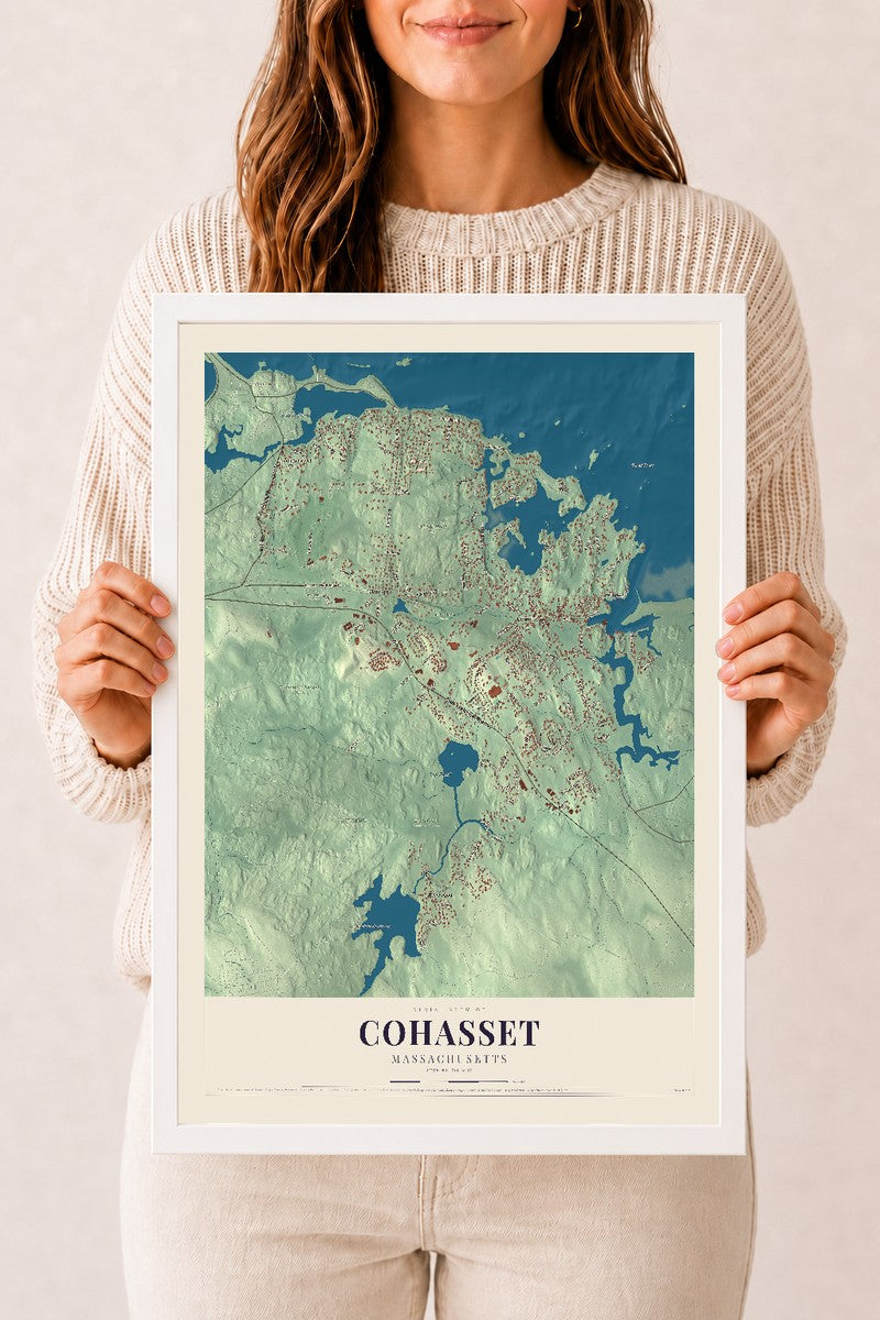 Cohasset, Massachusetts map print - 12 x 18 white Ayous wood frame